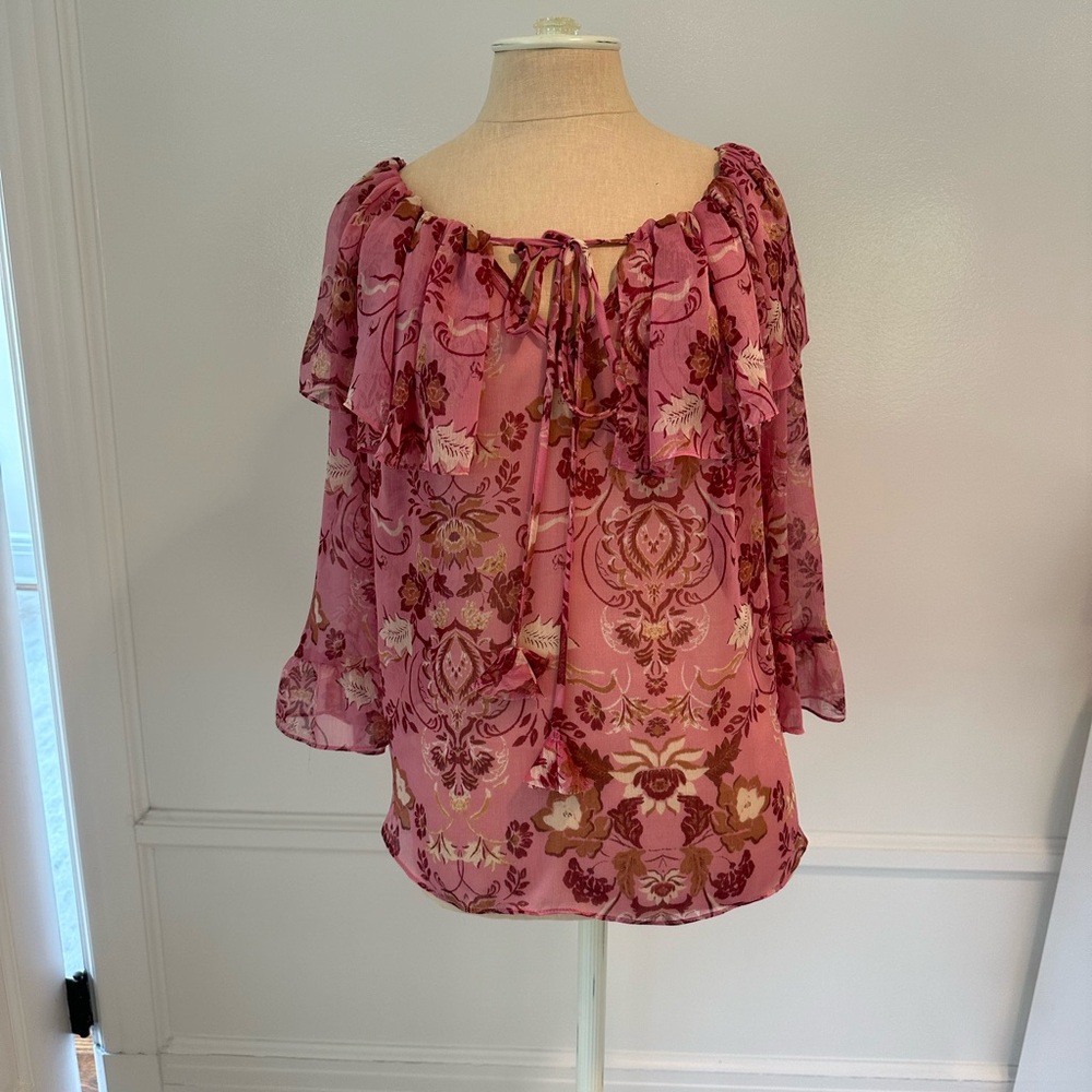 Misa Los Angeles Floral Print Tie Neck Blouse Size Small